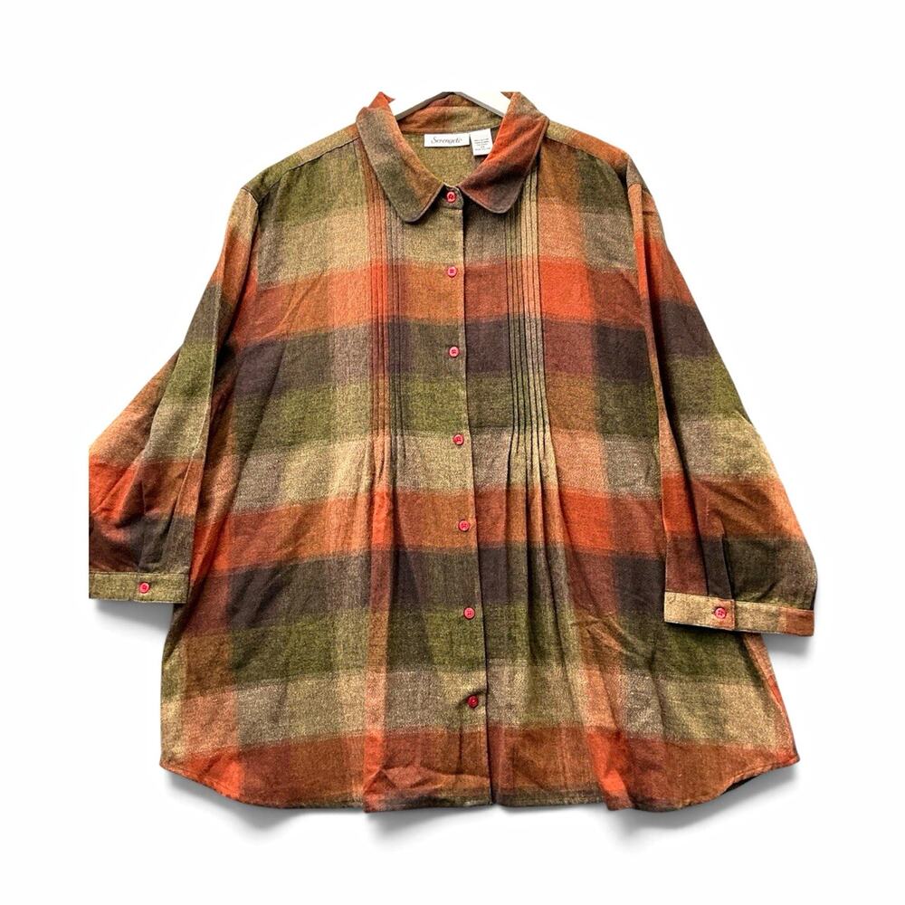 Serengeti Women’s Size 2X Plus Multicolor Plaid Collared Button-Up Top